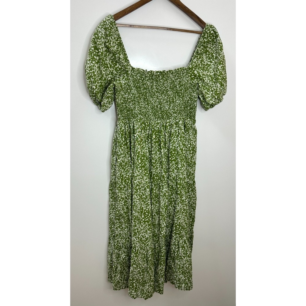 Abercrombie & Fitch Green Floral Linen Blend Smocked Puff Sleeve Midi Dress XL - Picture 10 of 12
